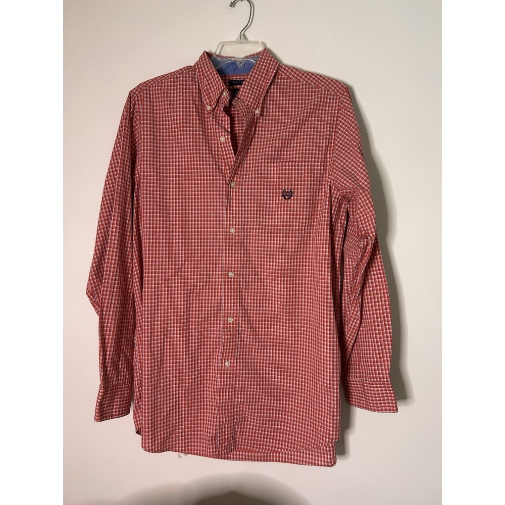 Chaps Easy Care Button Down Shirt Orange White & Blue Plaid Long Sleeve Mens LT